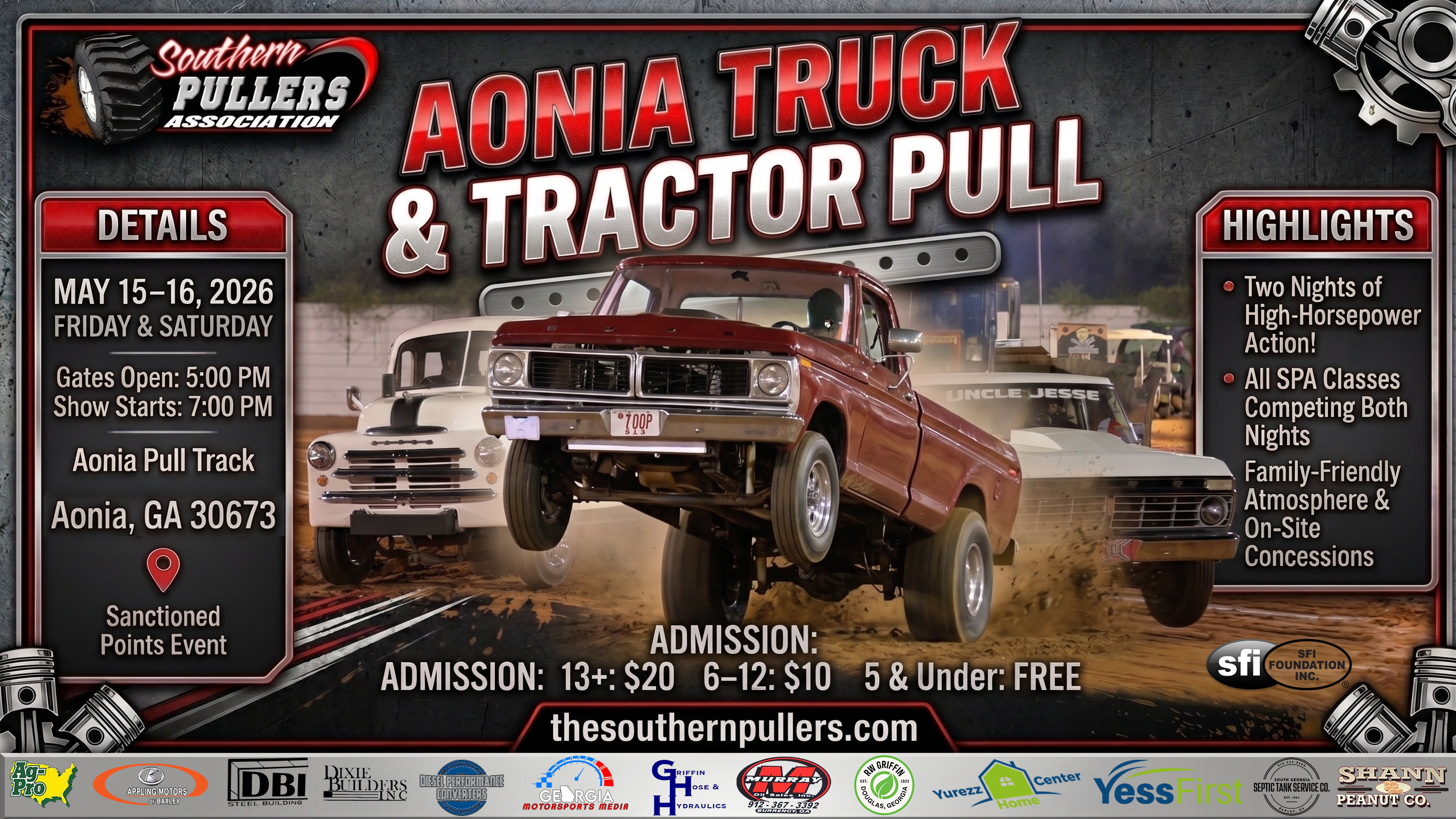 Aonia Truck and Tractor Pull 2026 Event Flyer - May 15-16 Aonia GA